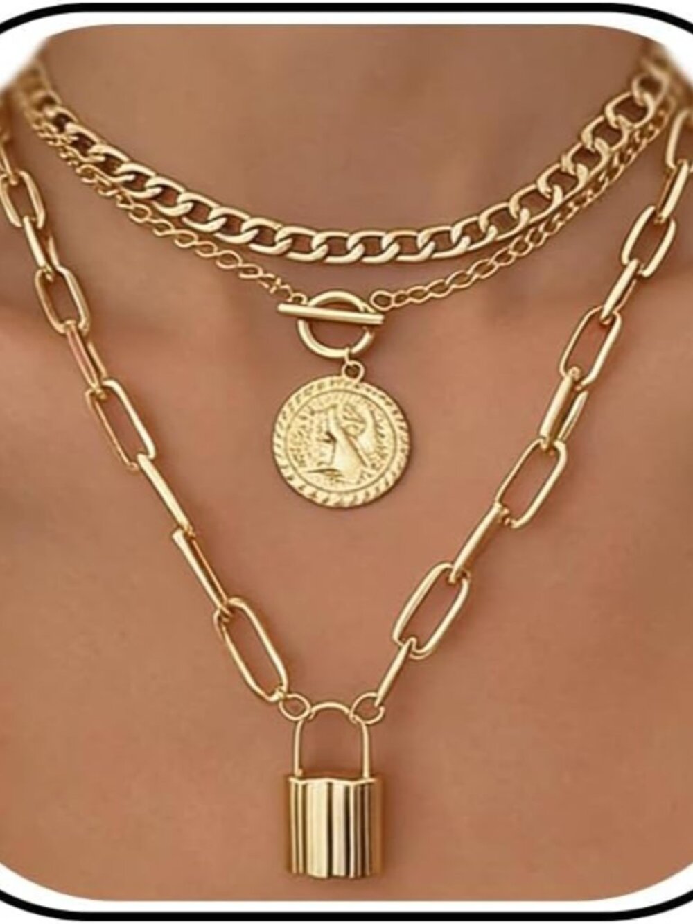 Vintage Gold Layered Necklaces for Women Trendy, Chunky Cuban Link Paperclip Cha - Picture 1 of 9
